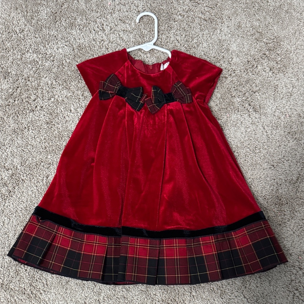 Red Plaid Velvet Dress with Bow Accents